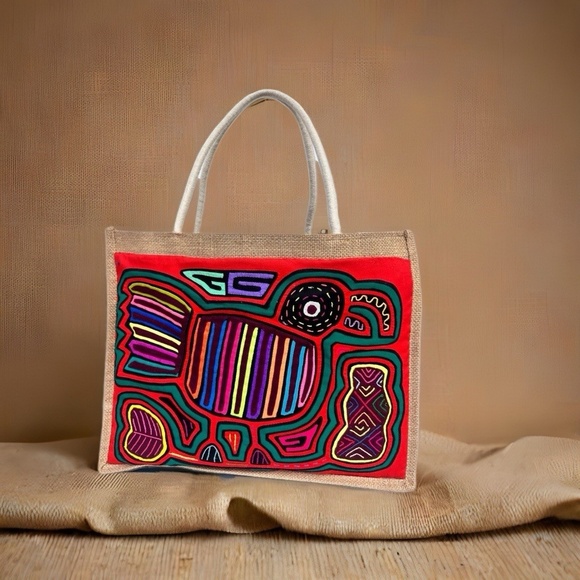 Handmade Burlap Shoulder Tote Bag with Authentic Kuna Mola Design—Handcrafted by